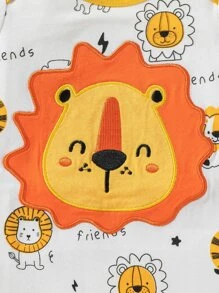 Newborn Baby Boy Cartoon Embroidery Contrast Binding Romper - White - View 6