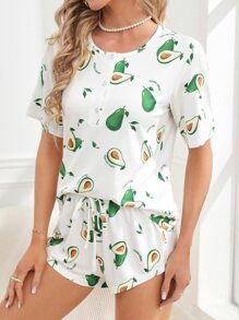 Fruit Print Tee & Shorts PJ Set - White - View 3