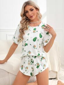 Fruit Print Tee & Shorts PJ Set - White - View 4