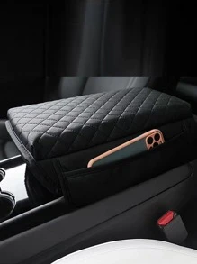 1pc Quilted Detail Car Center Console Armrest Pad - Black - View 1