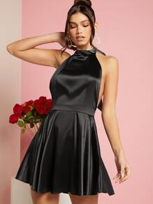 SHEIN BAE Backless Knot Halter Neck Satin Dress - Black - View 1