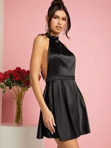 SHEIN BAE Backless Knot Halter Neck Satin Dress - Black - View 4