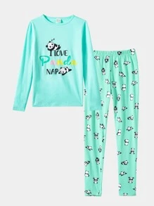 Girls Panda & Slogan Graphic Snug Fit PJ Set - Mint Blue - View 1