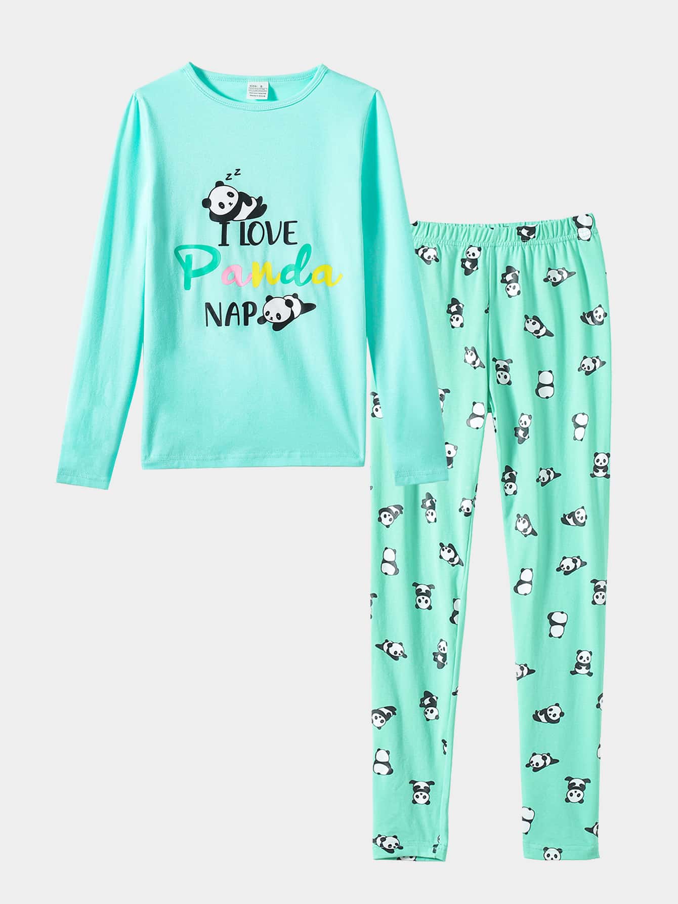 Girls Panda & Slogan Graphic Snug Fit PJ Set - Mint Blue - View 1