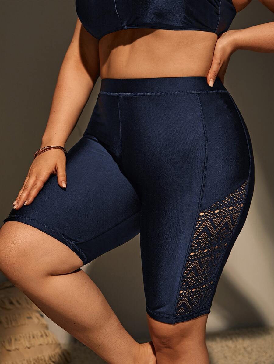 Plus Contrast Lace Bikini Bottom - Navy Blue - View 1