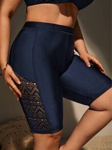 Plus Contrast Lace Bikini Bottom - Navy Blue - View 4