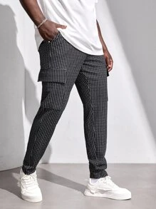 Manfinity Hombres Pantalones estampado de cuadros con bolsillo lateral con solapa - Blanco y Negro - Ver 1