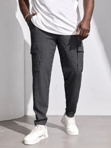Manfinity Hombres Pantalones estampado de cuadros con bolsillo lateral con solapa - Blanco y Negro - Ver 4