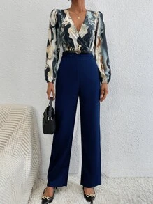 SHEIN Clasi Mono con estampado de dibujo de cuello cruzado - Azul Marino - Ver 1