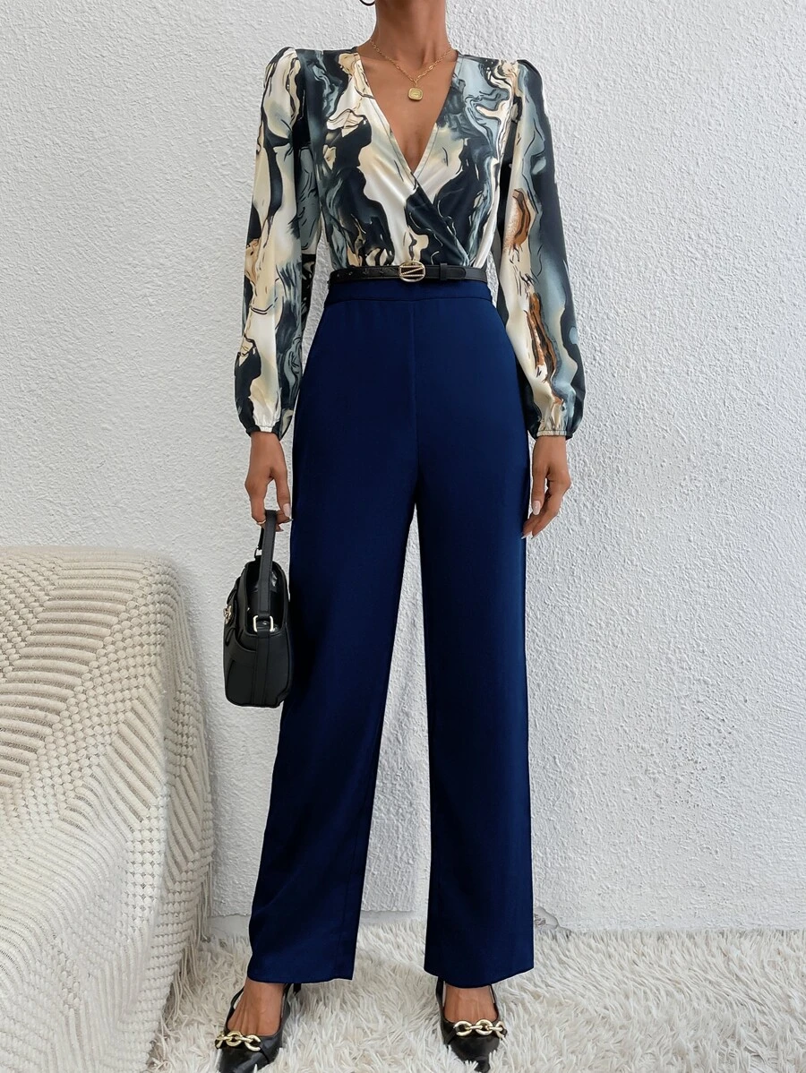 SHEIN Clasi Mono con estampado de dibujo de cuello cruzado - Azul Marino - Ver 1