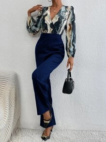 SHEIN Clasi Mono con estampado de dibujo de cuello cruzado - Azul Marino - Ver 3