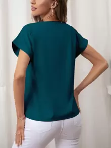 SHEIN LUNE 卷边袖口蝙蝠袖衬衫，短袖上衣 - 水鴨藍 - 查看 2