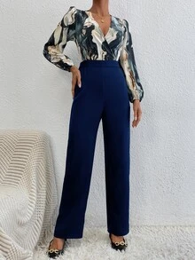 SHEIN Clasi Mono con estampado de dibujo de cuello cruzado - Azul Marino - Ver 5