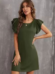 SHEIN Privé 多層荷葉邊直筒連衣裙 - 綠色 - 查看 1