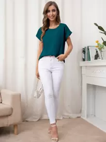 SHEIN LUNE 卷边袖口蝙蝠袖衬衫，短袖上衣 - 水鴨藍 - 查看 3