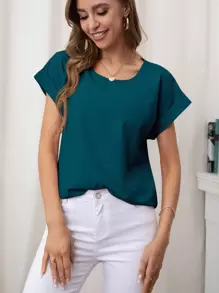 SHEIN LUNE 卷边袖口蝙蝠袖衬衫，短袖上衣 - 水鴨藍 - 查看 4