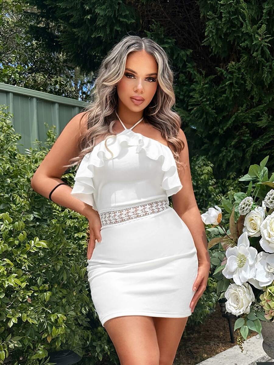 SHEIN SXY Đầm Tương phản ren Xù Lộ Lưng màu trơn Thanh lịch - trắng - Xem 1