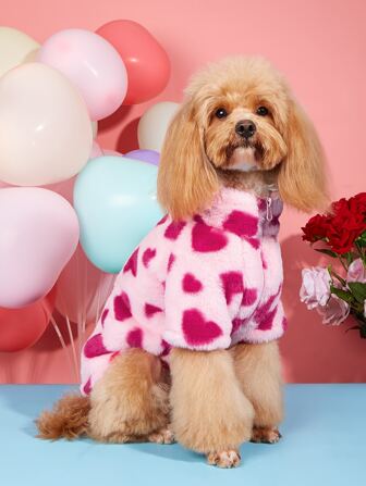 1pc Pet Puppy Winter Fleece Jacket With Collar And Zipper, Comfortable Pink Heart Pattern Pet Coat, Warm Dog/Cat Outerwear For Cold Weather