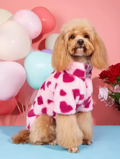 1 pieza Chaqueta de forro polar con cuello y cremallera para mascotas cachorros en invierno, abrigo para perro/gato con cómodo estampado de corazón rosa para clima frío