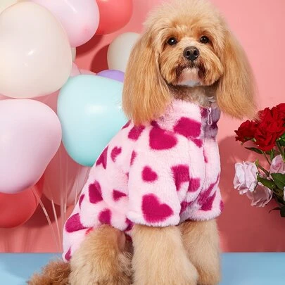 1 pieza Chaqueta de forro polar para perros pequeños, con cuello alto y cremallera para facilitar el uso, cómodo diseño de corazón rosa, adecuado para perros y gatos pequeños/medianos, abrigo para mascotas para clima frío