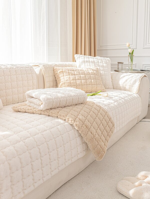 1pc Solid Fuzzy Anti-slip Sofa Towel