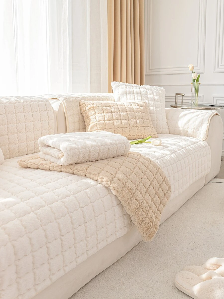 1pc Solid Fuzzy Anti-slip Sofa Towel - Beige - View 1