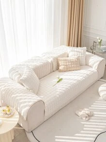 1pc Solid Fuzzy Anti-slip Sofa Towel - Beige - View 3