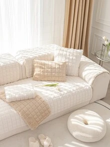1pc Solid Fuzzy Anti-slip Sofa Towel - Beige - View 4