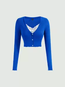 SHEIN Qutie Plus Lettuce Trim Button Front Crop Tee - Royal Blue - View 1