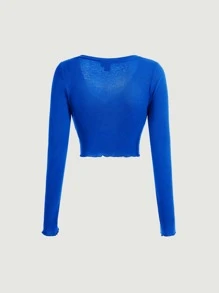 SHEIN Qutie Plus Lettuce Trim Button Front Crop Tee - Royal Blue - View 4