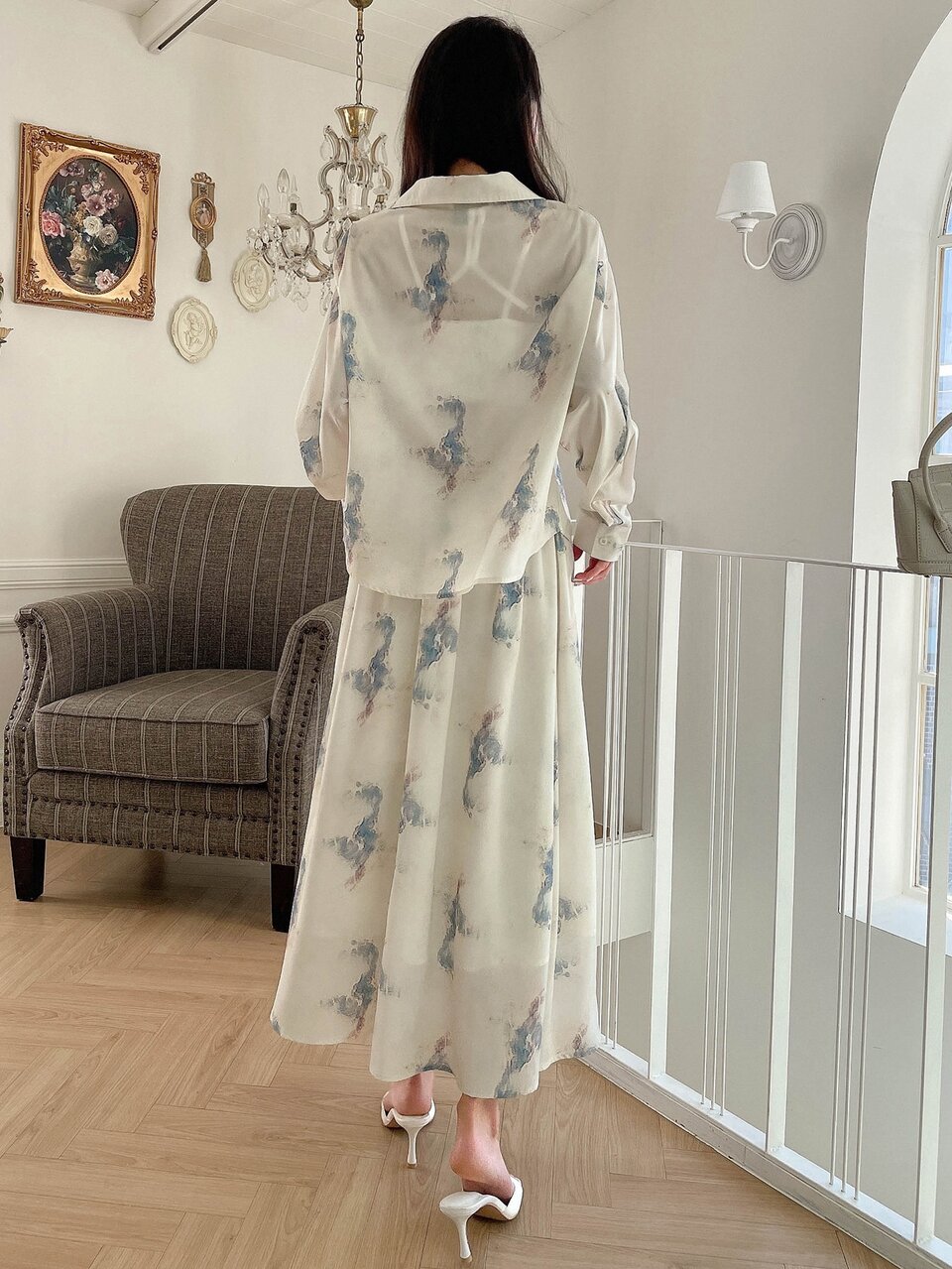 Allover Print Button Front Shirt & A-line Dress