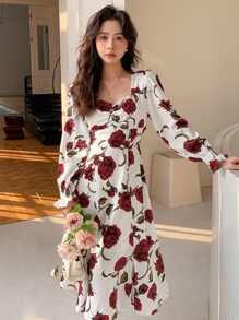 DAZY Floral Print Flounce Sleeve Ruffle Hem Dress,Fall Clothes Long Sleeve Dress Vacation Outfits Women - White - View 4