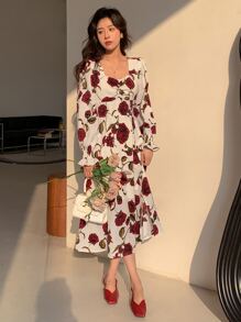 DAZY Floral Print Flounce Sleeve Ruffle Hem Dress,Fall Clothes Long Sleeve Dress Vacation Outfits Women - White - View 6