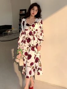 DAZY Floral Print Flounce Sleeve Ruffle Hem Dress,Fall Clothes Long Sleeve Dress Vacation Outfits Women - White - View 5