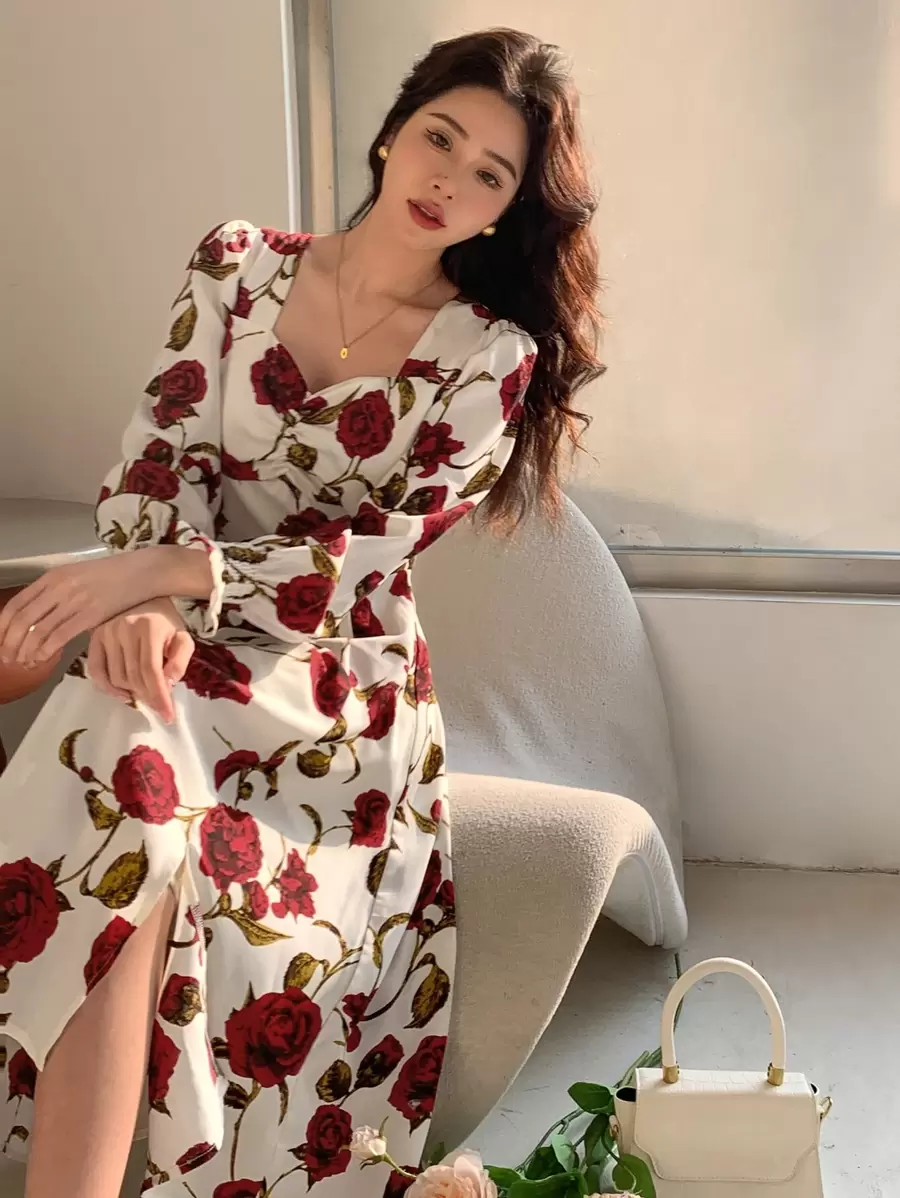 DAZY Floral Print Flounce Sleeve Ruffle Hem Dress,Fall Clothes Long Sleeve Dress Vacation Outfits Women - White - View 1