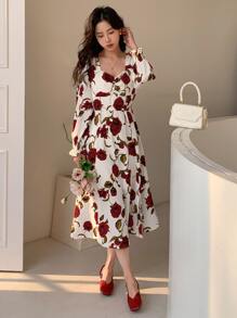 DAZY Floral Print Flounce Sleeve Ruffle Hem Dress,Fall Clothes Long Sleeve Dress Vacation Outfits Women - White - View 7