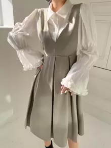 DAZY 1pc Fold Pleated Detail Zip Back Pinafore Dress Without Blouse - Khaki - View 1