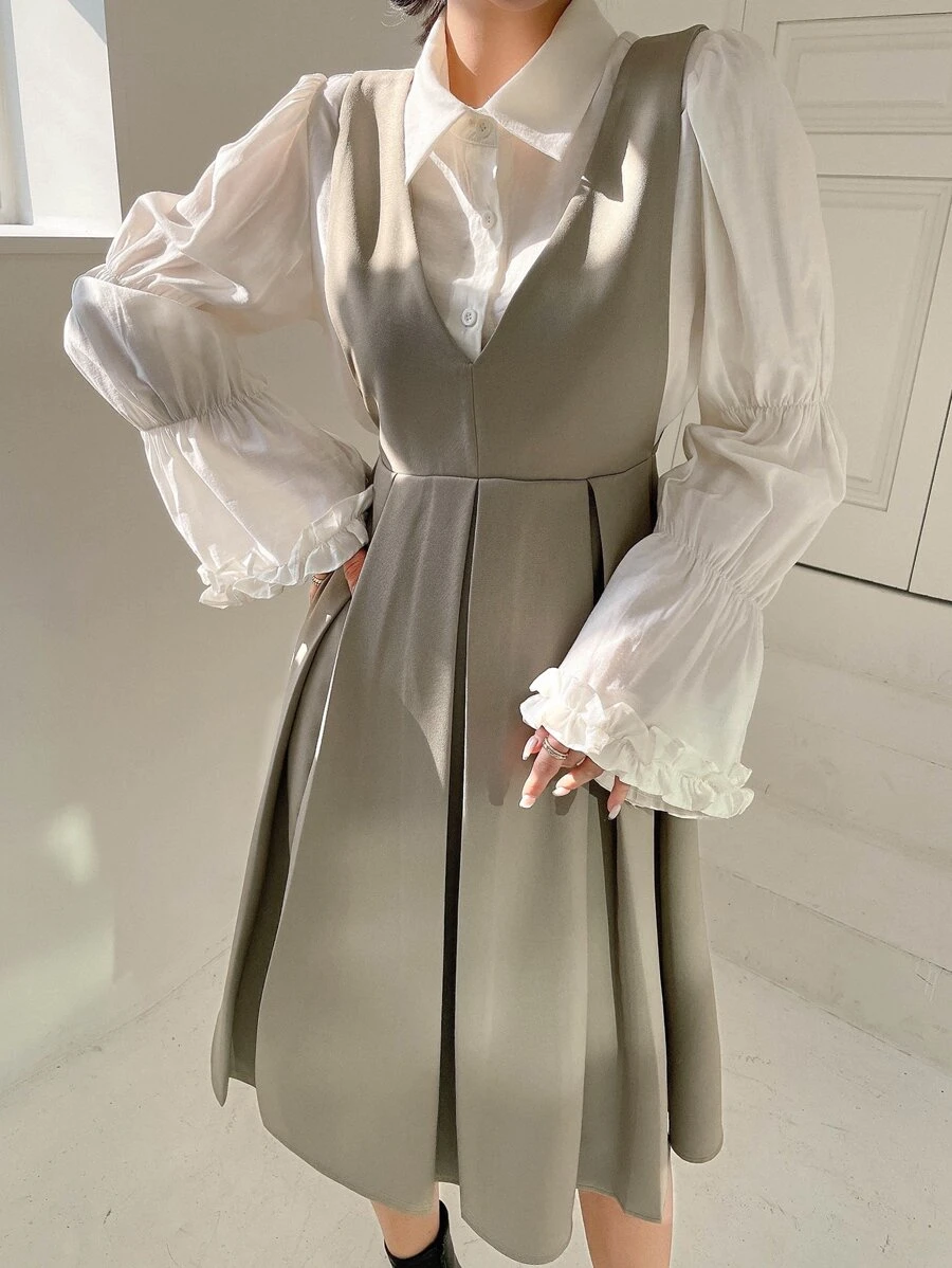 DAZY 1pc Fold Pleated Detail Zip Back Pinafore Dress Without Blouse - Khaki - View 1