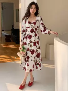 DAZY Floral Print Flounce Sleeve Ruffle Hem Dress,Fall Clothes Long Sleeve Dress Vacation Outfits Women - White - View 8