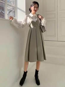 DAZY 1pc Fold Pleated Detail Zip Back Pinafore Dress Without Blouse - Khaki - View 4