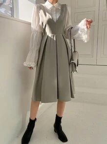 DAZY 1pc Fold Pleated Detail Zip Back Pinafore Dress Without Blouse - Khaki - View 5