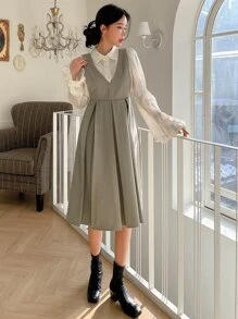 DAZY 1pc Fold Pleated Detail Zip Back Pinafore Dress Without Blouse - Khaki - View 6