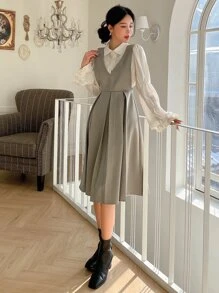 DAZY 1pc Fold Pleated Detail Zip Back Pinafore Dress Without Blouse - Khaki - View 7