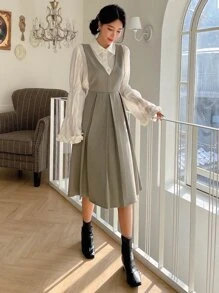 DAZY 1pc Fold Pleated Detail Zip Back Pinafore Dress Without Blouse - Khaki - View 8