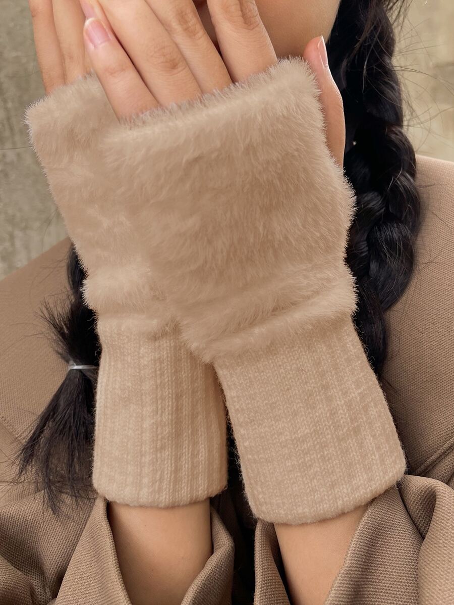 DAZY Solid Fuzzy Fingerless Gloves - Khaki - View 1