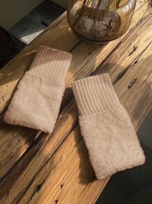DAZY Solid Fuzzy Fingerless Gloves - Khaki - View 3