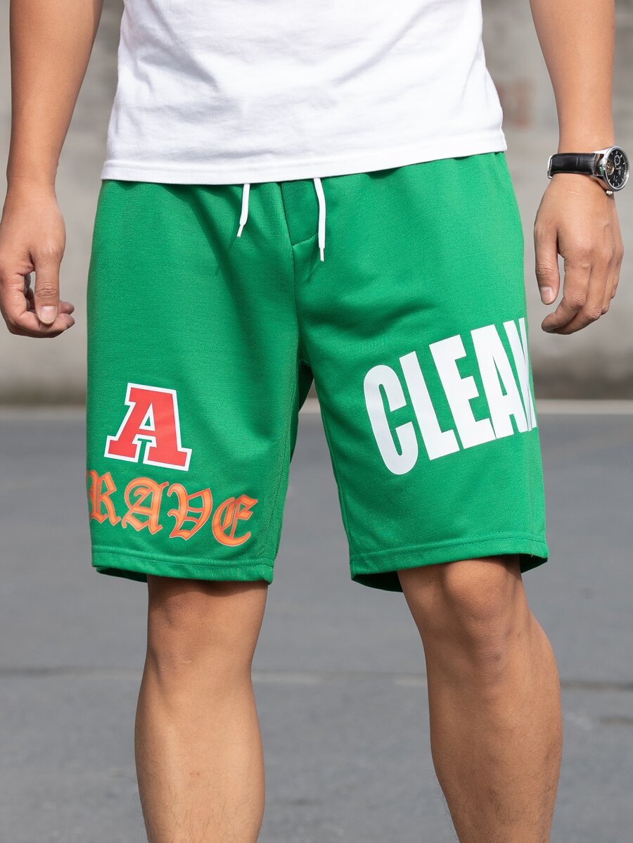 Manfinity Hombres Shorts con estampado de letra de cintura con cordón - Verde - Ver 1
