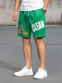 Manfinity Hombres Shorts con estampado de letra de cintura con cordón - Verde - Ver 4