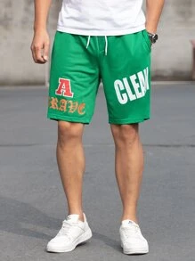 Manfinity Hombres Shorts con estampado de letra de cintura con cordón - Verde - Ver 6