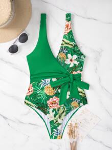 SHEIN Swim Phụ nữ một mảnh Thắt nút Trọn gói Nhiệt đới - màu xanh lá - Xem 3
